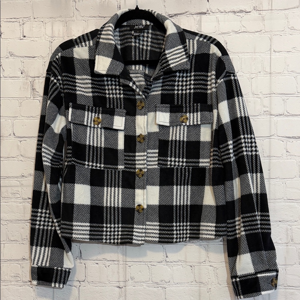 Just Polly Black and White Plaid Fleece Jacket Size Large